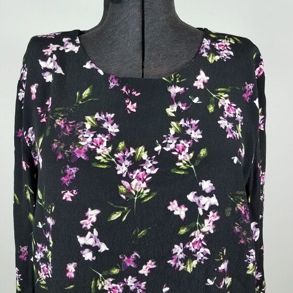 J. Jill Layered Asymmetric Floral Print Top Black Rayon Long Sleeve Size Large - Picture 3 of 9